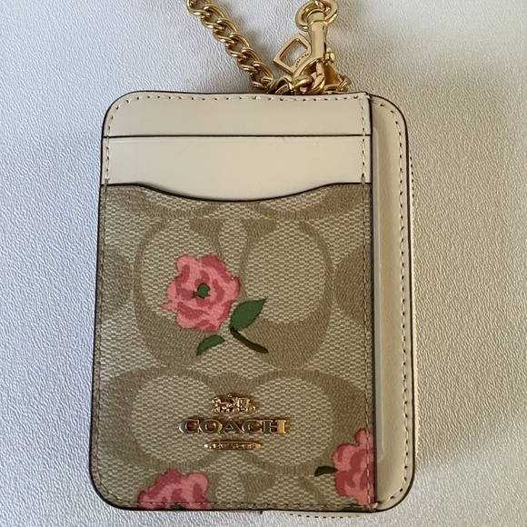 COACH Khaki Signature & Leather Floral Print Zip Card Case CR971 BNWT - Picture 2 of 5